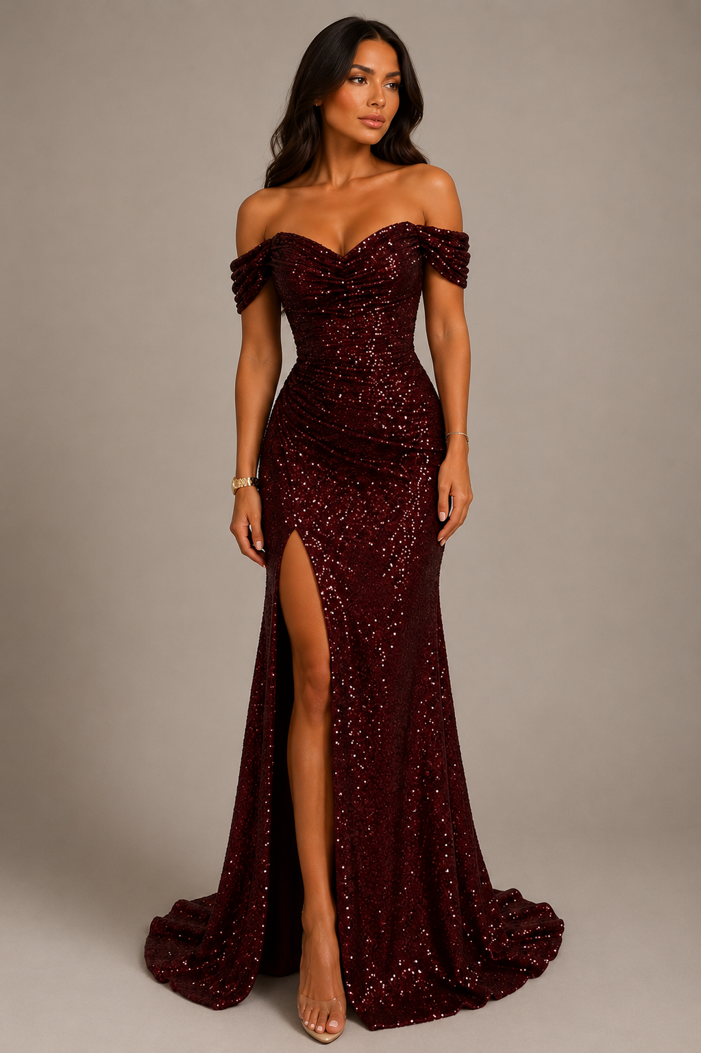 Veloura Women's Sequin Maxi Dress | Off-Shoulder Sweetheart Neck Evening Gown with High Slit