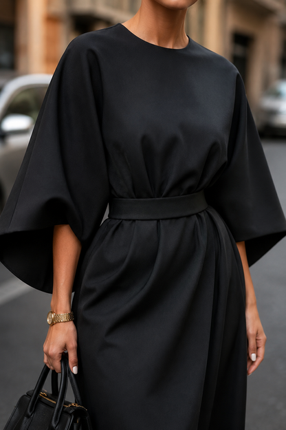 Aureline Women's Puff Sleeve Midi Dress | Elegant A-Line Waist Tie Occasion Dress
