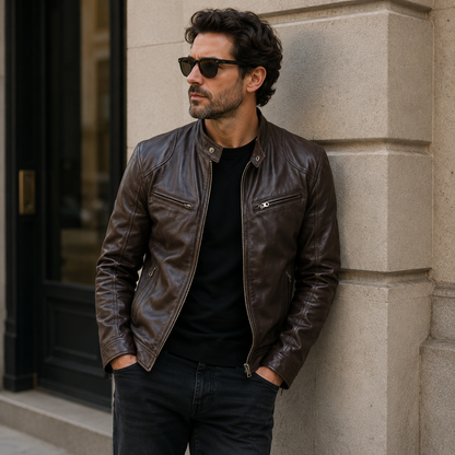 Kingsley Men's Heritage Leather Jacket | Classic Zip-Up Vintage Motorcycle Jacket