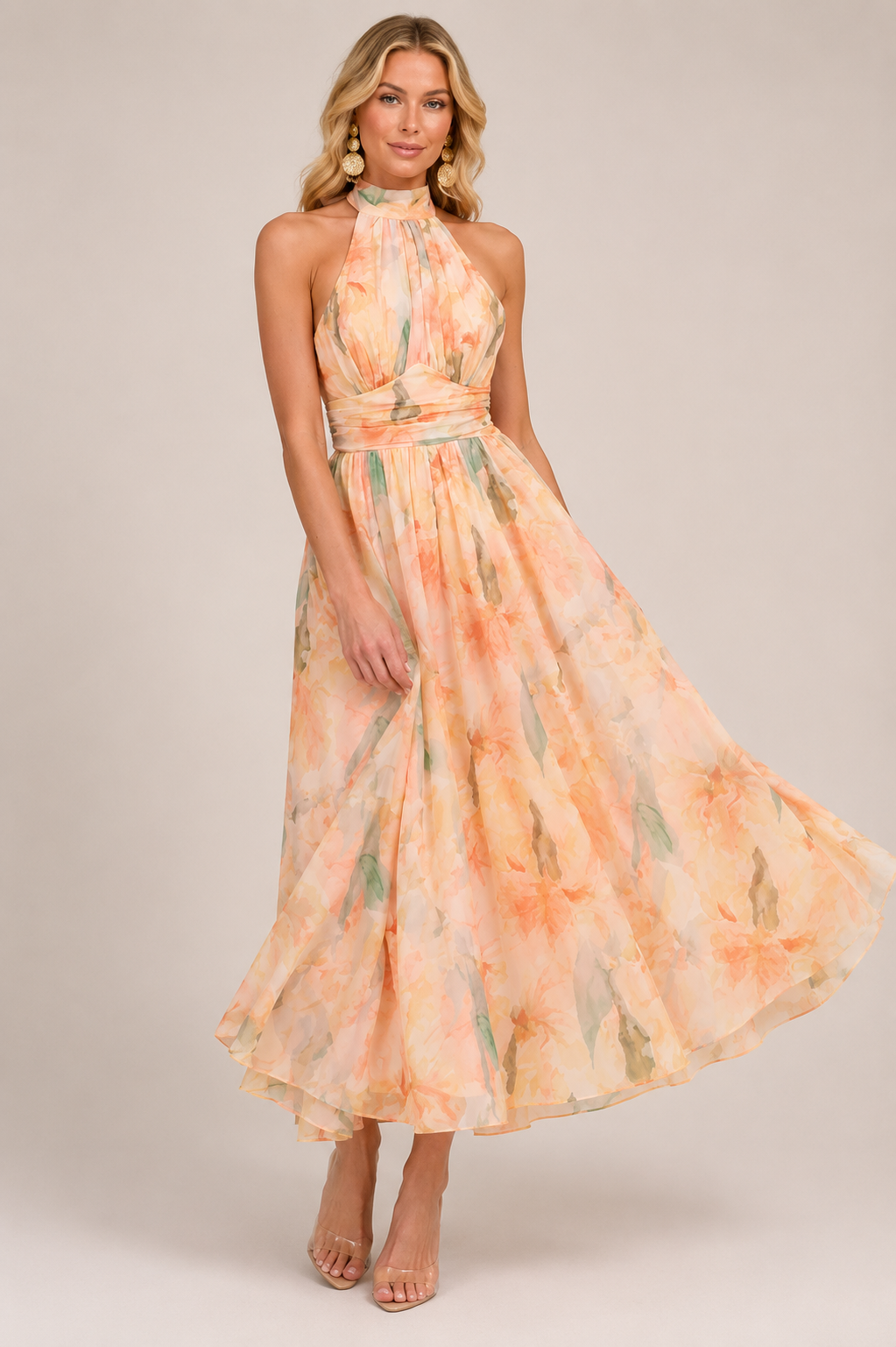 Maravelle Women's Floral Halter Maxi Dress | Open Back Sleeveless Summer Dress with Smocked Waist