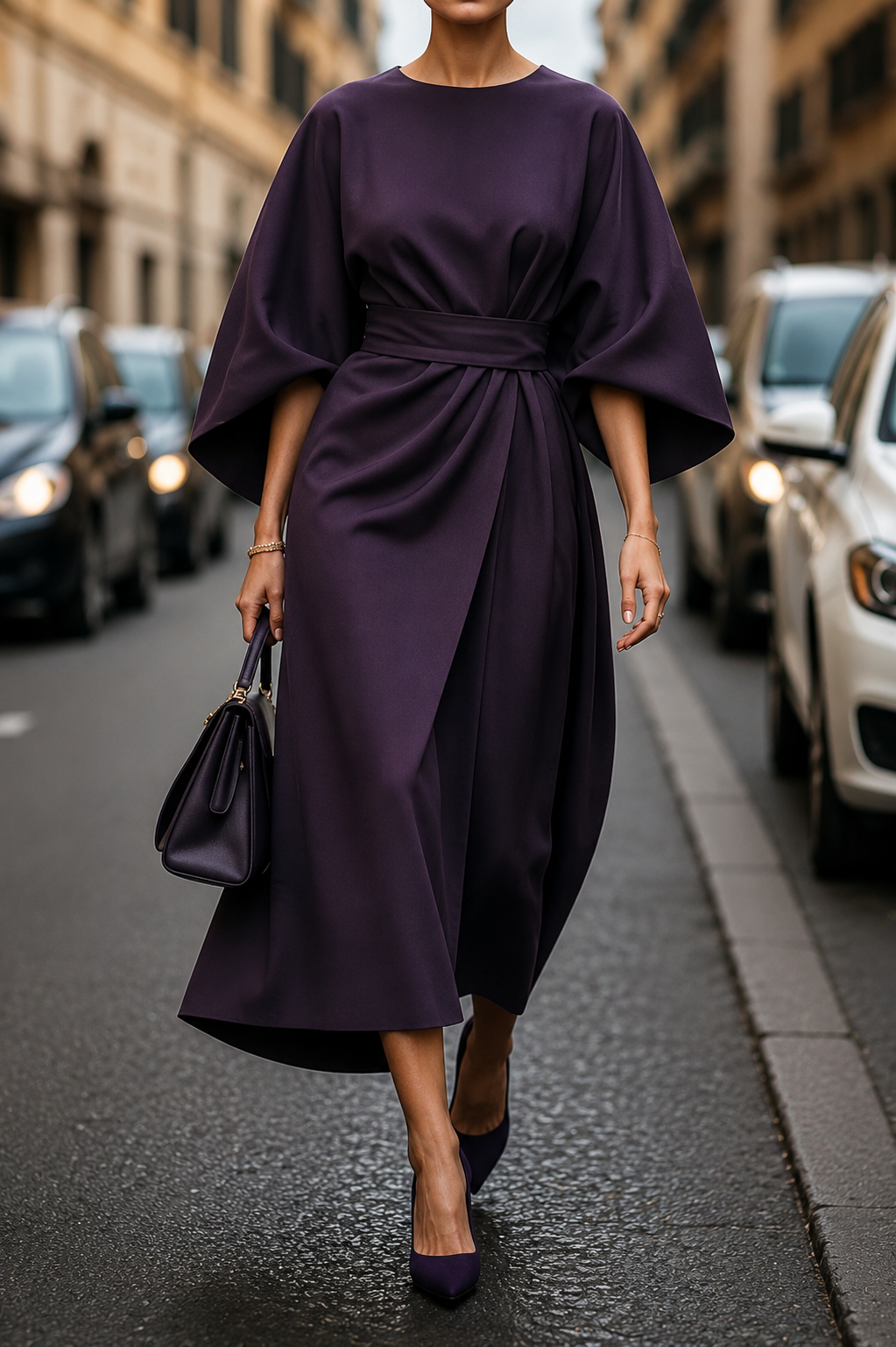 Aureline Women's Puff Sleeve Midi Dress | Elegant A-Line Waist Tie Occasion Dress