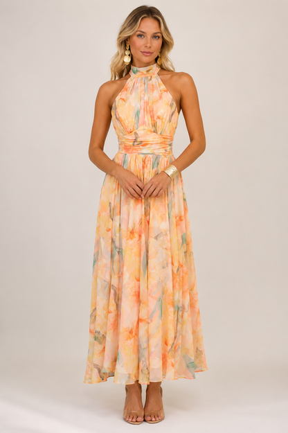 Maravelle Women's Floral Halter Maxi Dress | Open Back Sleeveless Summer Dress with Smocked Waist