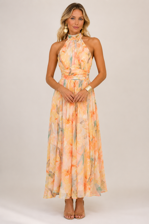 Maravelle Women's Floral Halter Maxi Dress | Open Back Sleeveless Summer Dress with Smocked Waist