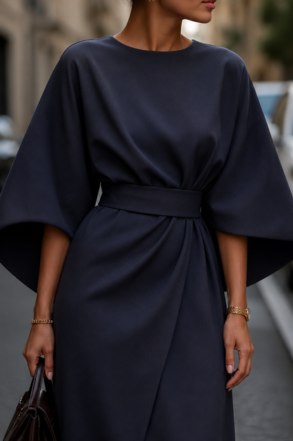 Aureline Women's Puff Sleeve Midi Dress | Elegant A-Line Waist Tie Occasion Dress