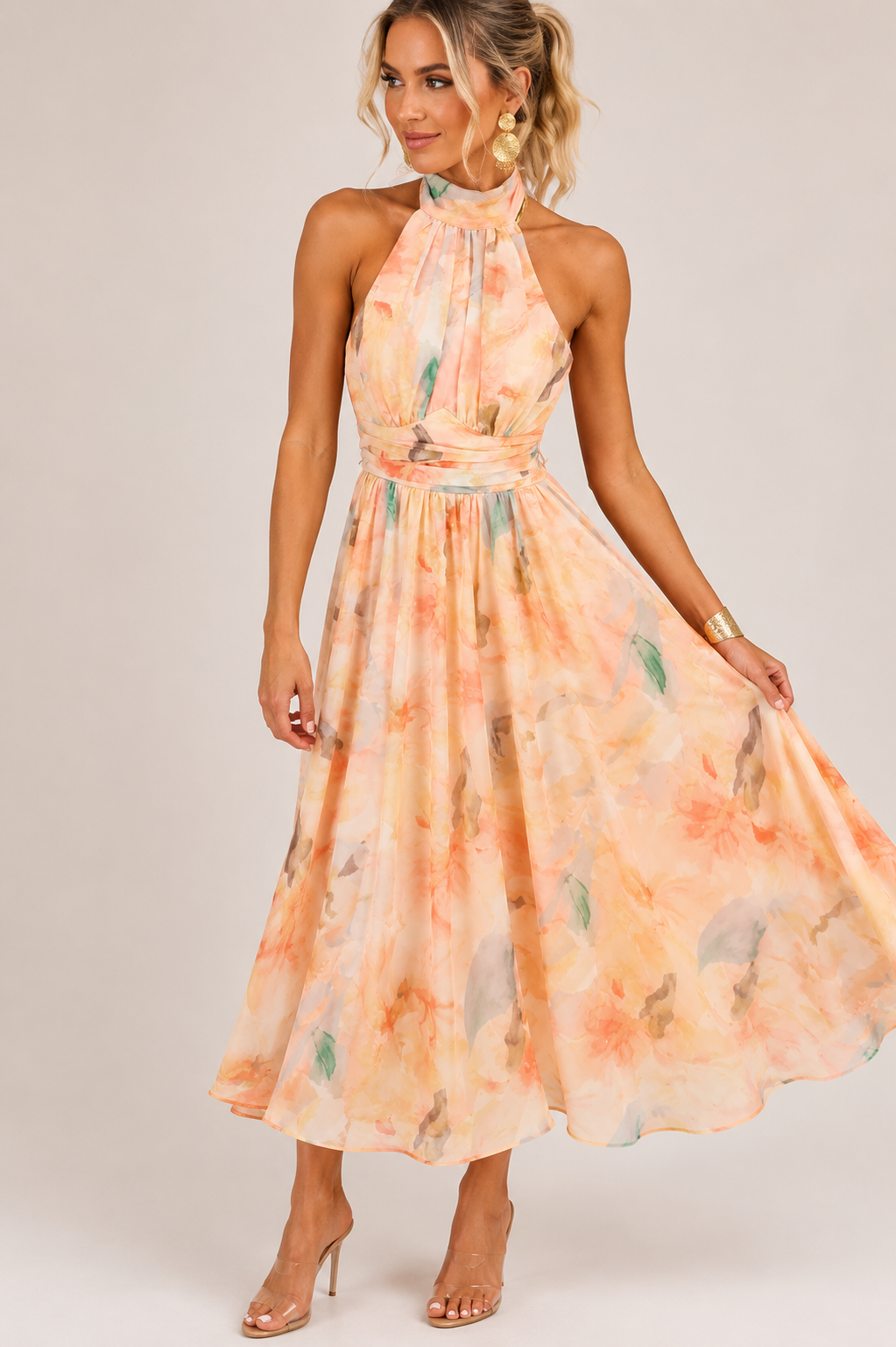 Maravelle Women's Floral Halter Maxi Dress | Open Back Sleeveless Summer Dress with Smocked Waist