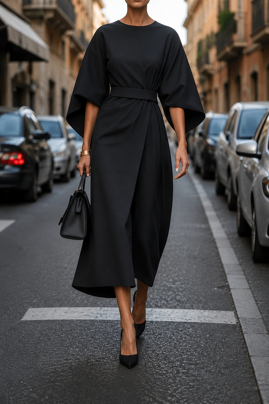 Aureline Women's Puff Sleeve Midi Dress | Elegant A-Line Waist Tie Occasion Dress