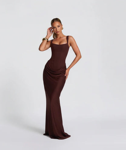 Corselle Women's Corset Maxi Dress | Square Neck Bodycon Evening Dress with Wide Straps