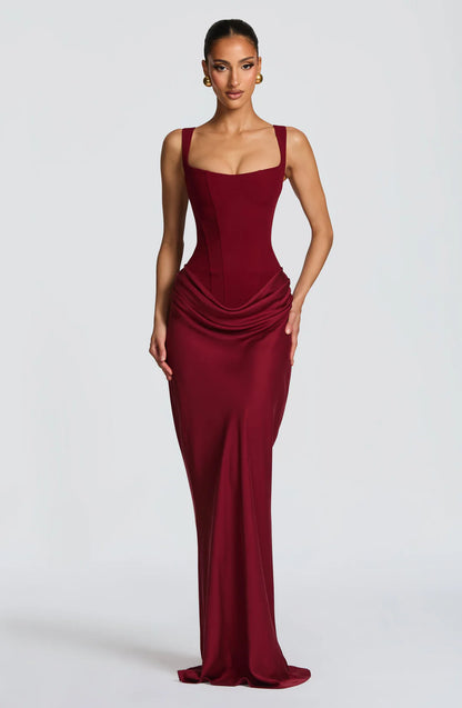 Corselle Women's Corset Maxi Dress | Square Neck Bodycon Evening Dress with Wide Straps