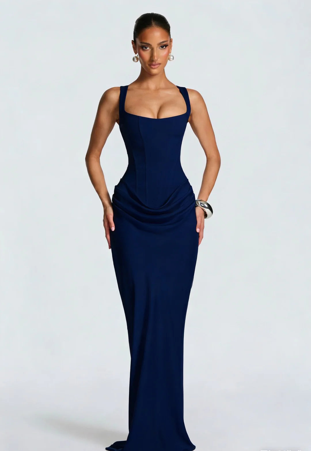 Corselle Women's Corset Maxi Dress | Square Neck Bodycon Evening Dress with Wide Straps