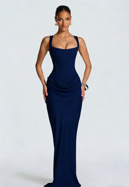Corselle Women's Corset Maxi Dress | Square Neck Bodycon Evening Dress with Wide Straps