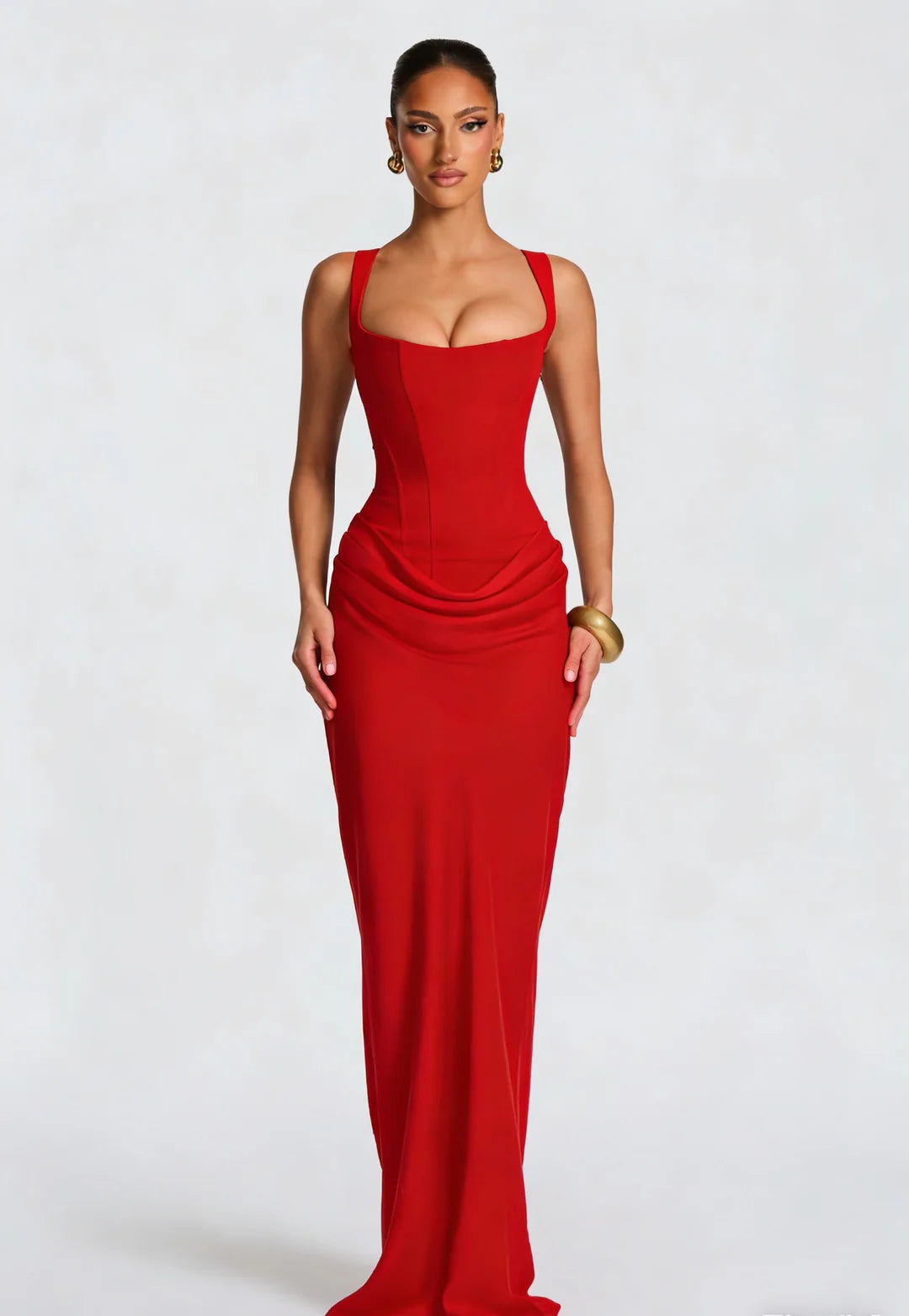 Corselle Women's Corset Maxi Dress | Square Neck Bodycon Evening Dress with Wide Straps