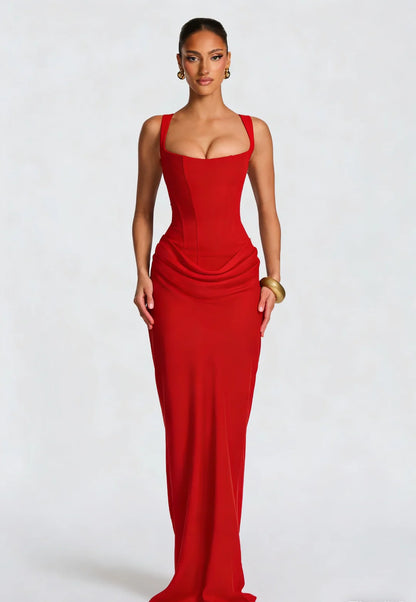 Corselle Women's Corset Maxi Dress | Square Neck Bodycon Evening Dress with Wide Straps