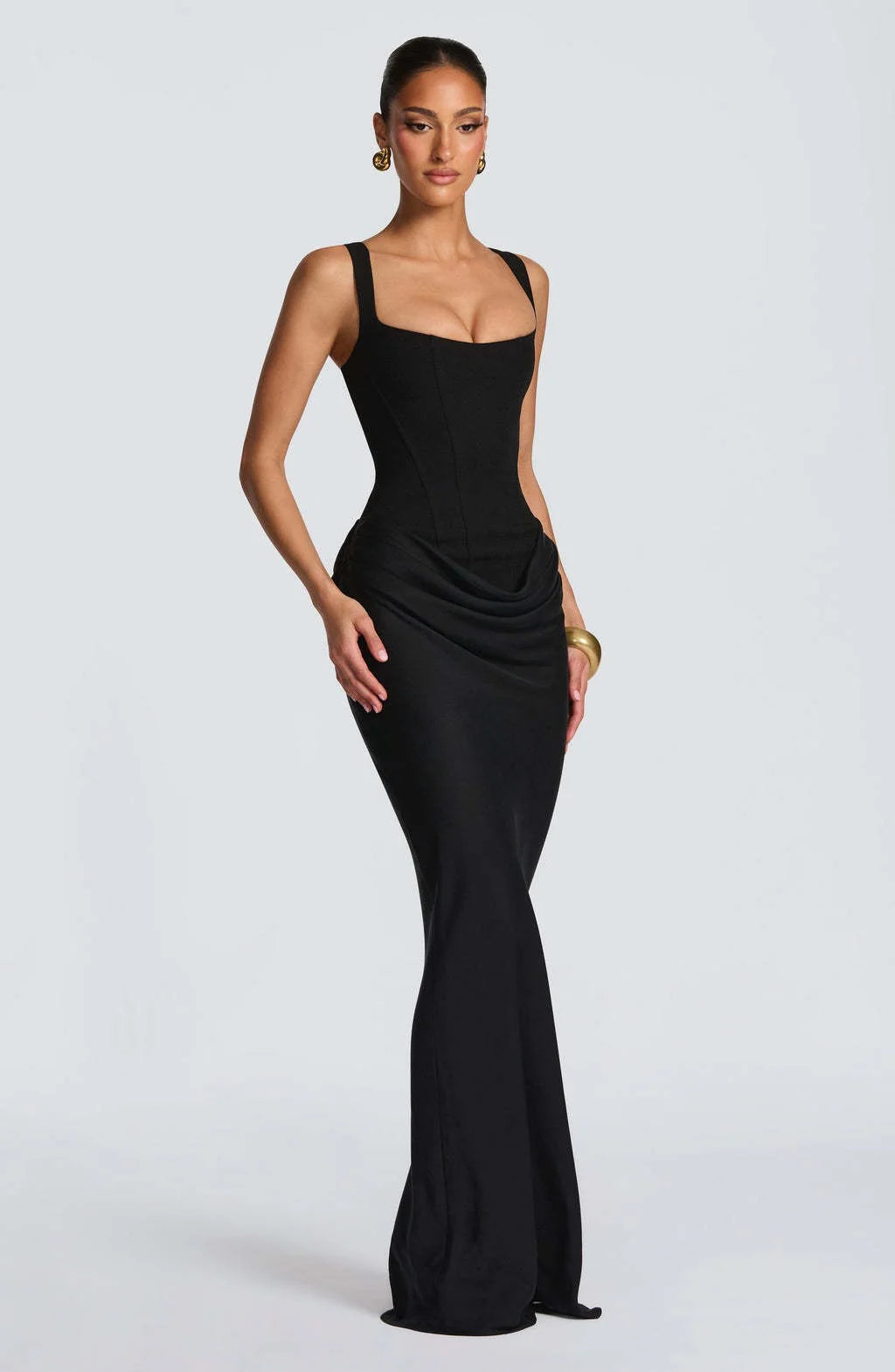 Corselle Women's Corset Maxi Dress | Square Neck Bodycon Evening Dress with Wide Straps
