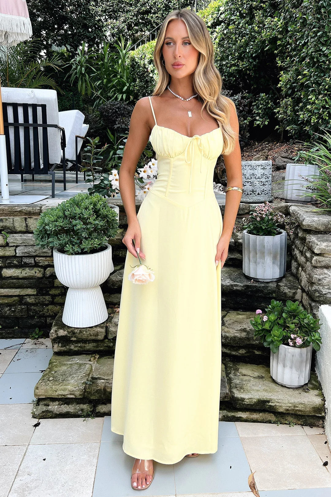Soléane Women's Maxi Dress | Sweetheart Neck Spaghetti Strap Dress with Tie Detail