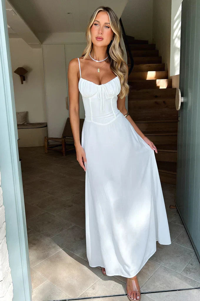 Soléane Women's Maxi Dress | Sweetheart Neck Spaghetti Strap Dress with Tie Detail
