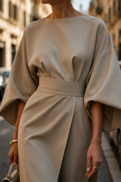 Aureline Women's Puff Sleeve Midi Dress | Elegant A-Line Waist Tie Occasion Dress