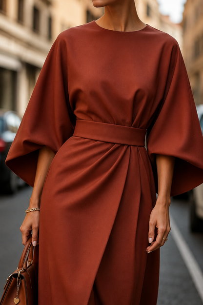 Aureline Women's Puff Sleeve Midi Dress | Elegant A-Line Waist Tie Occasion Dress