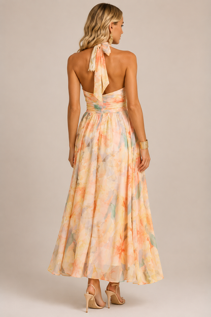 Maravelle Women's Floral Halter Maxi Dress | Open Back Sleeveless Summer Dress with Smocked Waist