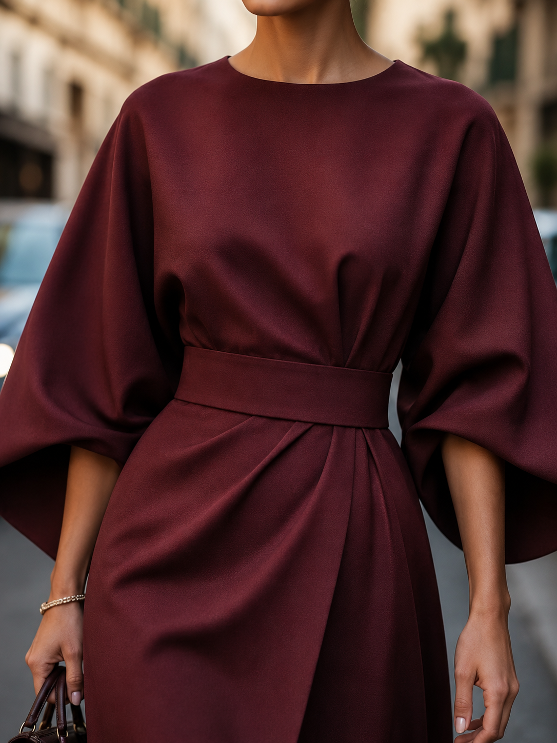 Aureline Women's Puff Sleeve Midi Dress | Elegant A-Line Waist Tie Occasion Dress