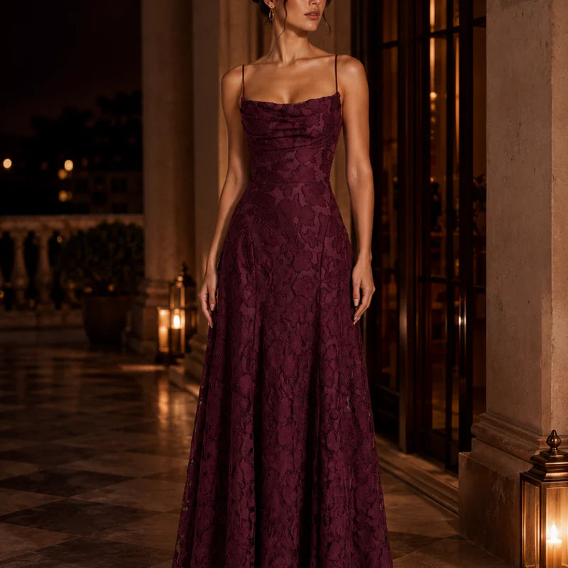 Fiorenza Women's Floral Lace Maxi Dress | Spaghetti Strap Elegant A-Line Evening Dress