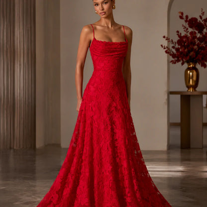 Fiorenza Women's Floral Lace Maxi Dress | Spaghetti Strap Elegant A-Line Evening Dress