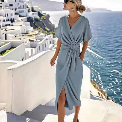Avelisse Women's Wrap Midi Dress | V-Neck Twist Waist Short Sleeve Elegant Dress